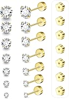 7 Pairs Hypoallergenic 20G Flat Back CZ Stud Earrings Set - 14K Gold Plated Surgical Steel for Sensitive Ears, Stackable 2-8mm Cartilage Studs