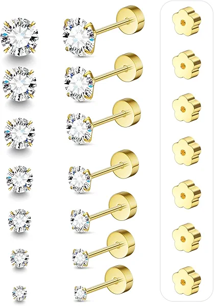 7 Pairs 20G Flat Back Stud Earrings for Women Men Hypoallergenic 14K Gold Plated Surgical Steel Stack Cartilage Earrings for Multiple Piercing Sensitive Ears Bonus Plum Blossom FlatBack Studs CZ 2-8mm
