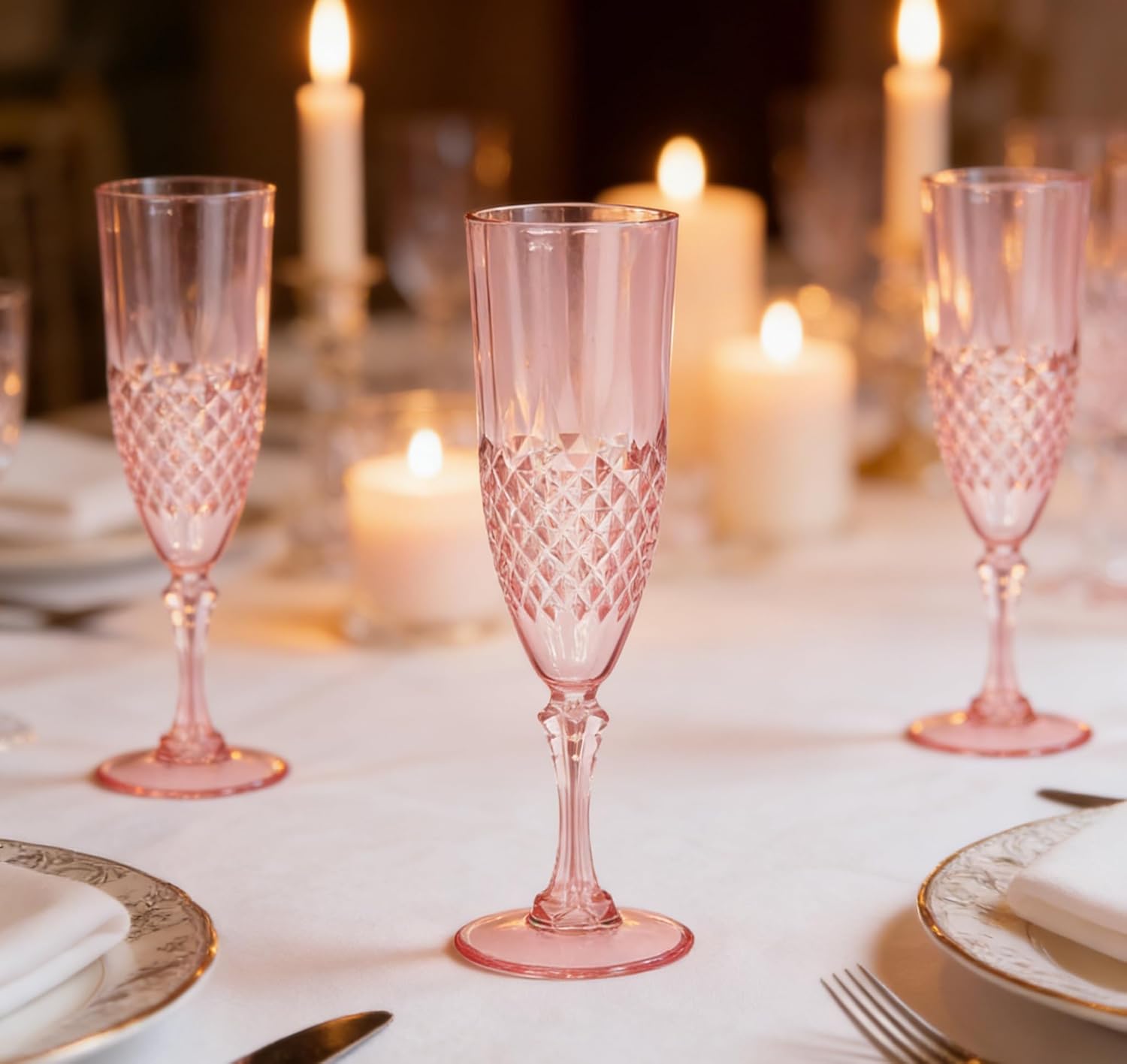 Pesonlook 24 Pack Plastic Champagne Glasses Pink Reusable Diamond Crystal Clear Wine Cups Reusable Unbreakable Wine Glasses Goblets for Wedding Reception, Grand Event Party Supplies