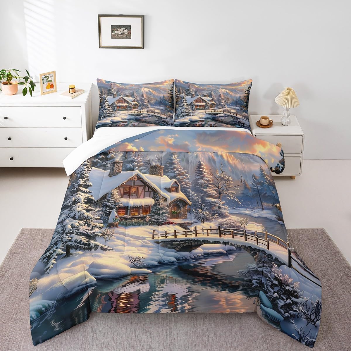 Winter Rustic Country Comforter Set Queen Size,Pine Jungle Mountain Scenery Bedding Set 3Pcs for Kids Girls Boys Adult,Snowscape Lake Cabin Quilt Set Xmas Room Decor Duvet Insert,2 Pillowcases
