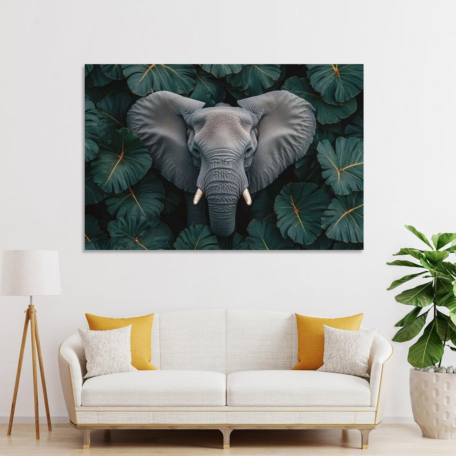 Junmoney Elephant Surrounded by Lush Greenery Decorative Wall Artwork 20x30inch(50x75cm), for Home Lounge, Bedroom Or Reading Nook, Modern Wall Decor for Cosy Interiors