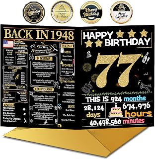 Joycard 77th Birthday Card with Envelope, 77th Birthday Decorations for Women Men, 77th Birthday Gifts for Grandpa Grandma, Happy Birthday Cards for 77 Year Old Mother Dad, Back in 1948