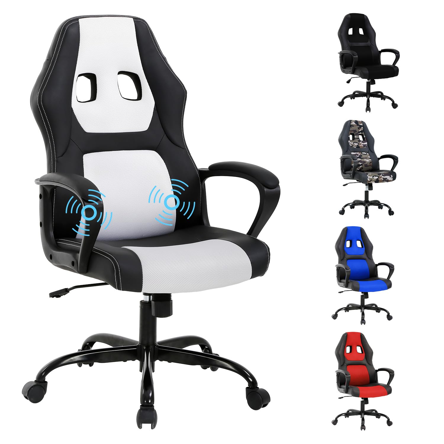 White Massage Gaming Chair for Kids, Ergonomic Office Chair Computer Chair with Adjustable High Back & Armrest, PU Leather Gamer Chair with 360°Swivel
