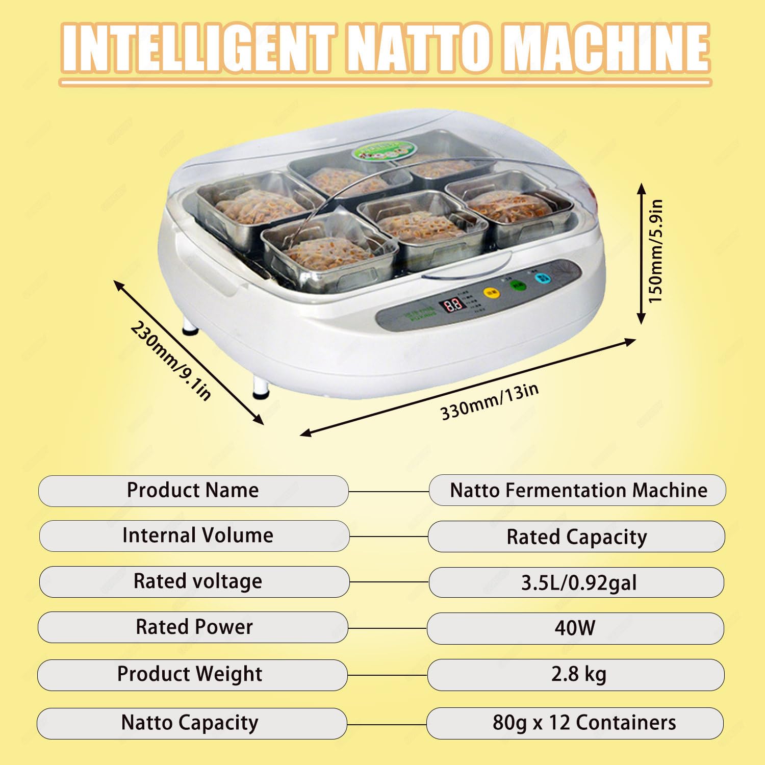 Automatischer Natto-Fermentierer – 3,5 l Fassungsvermögen mit vielseitigen Edelstahlbehältern; inklusive Isolierhaube für Joghurt und eingelegtes Gemüse