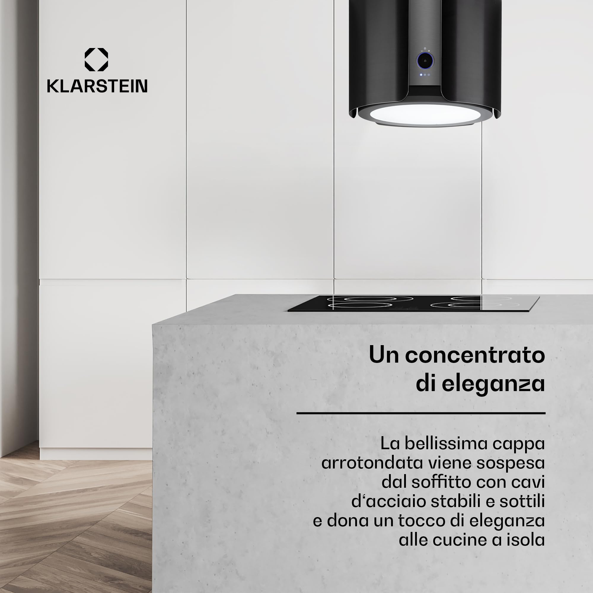 Klarstein Skyfall Smart - Cappa a Isola, Controllo Manuale o per App, 45 x 42 cm (ØxL), Sospesa, Ricircolo/Scarico, 3 Livelli, 402 m³/h, 200 W, Luce LED, Classe Energetica C, Nero