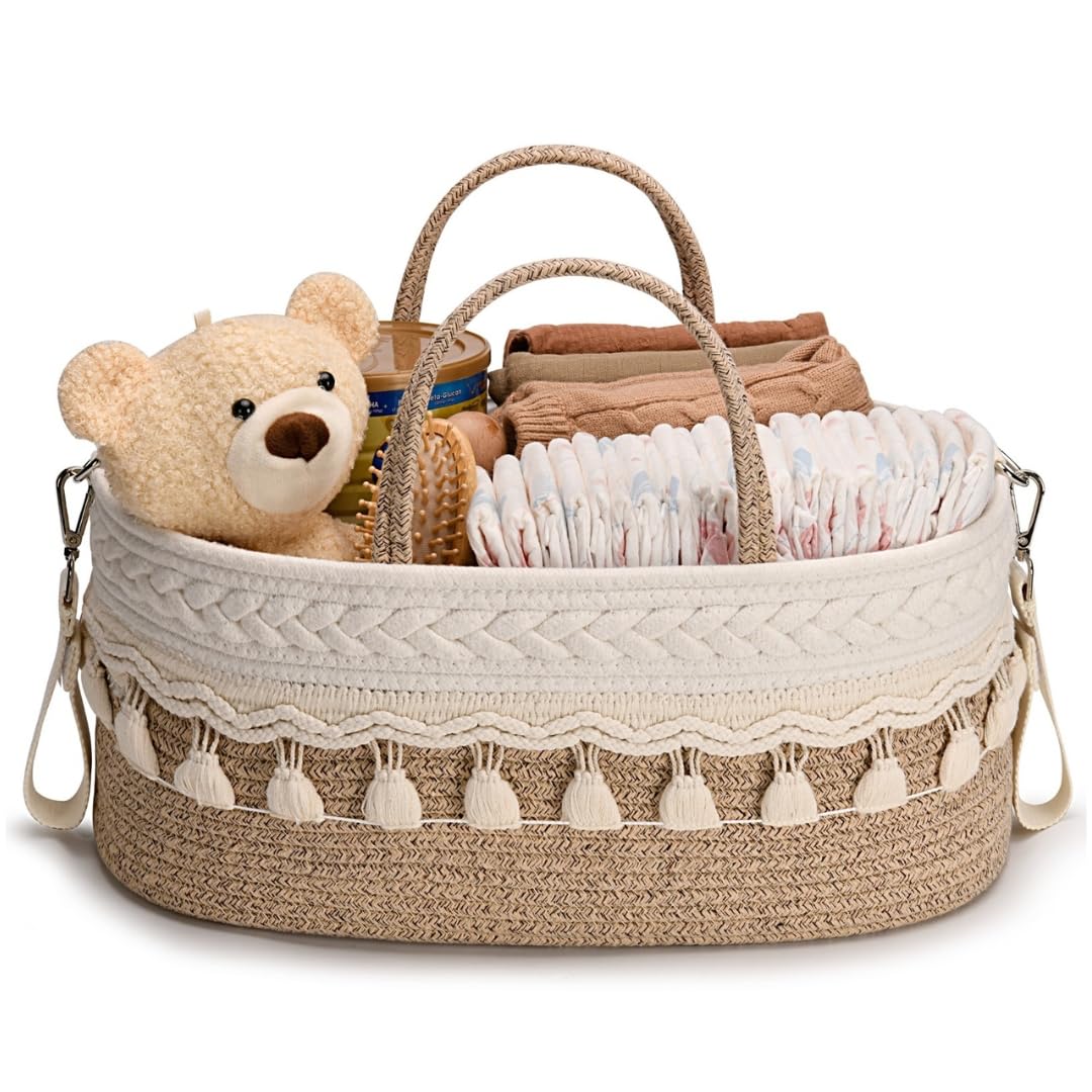 SEBRAM Organizer Fasciatoio per Neonati – Organizer Pannolini Beige Boho, Cesta Fasciatoio Neonato con Tracolla Regolabile & Tasche Termiche/Include maniglie bianche (vedi video)