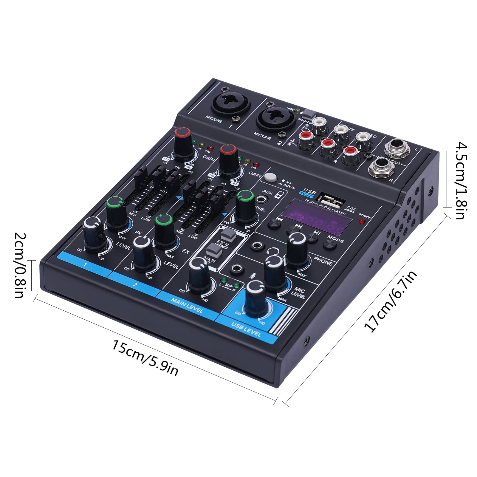 Mixer audio professionale, mixer audio DJ 4 canali, ingresso 48V alimentazione phantom, mixer stereo DJ per registrazioni, streaming live podcasting