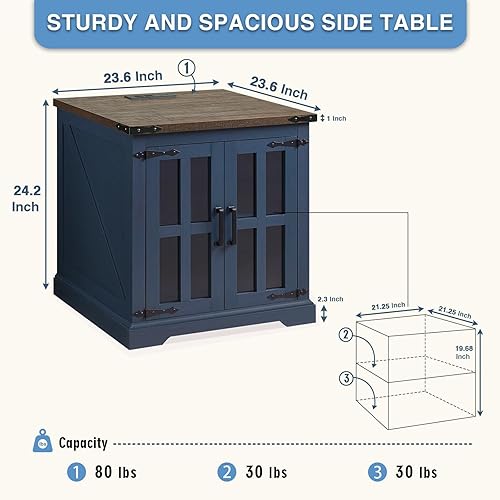 Miniatura 8 de Mesa auxiliar de granja con estación de carga, mesa auxiliar grande de sofá de 24 pulgadas con puerta de granero de cristal, mesita de noche de