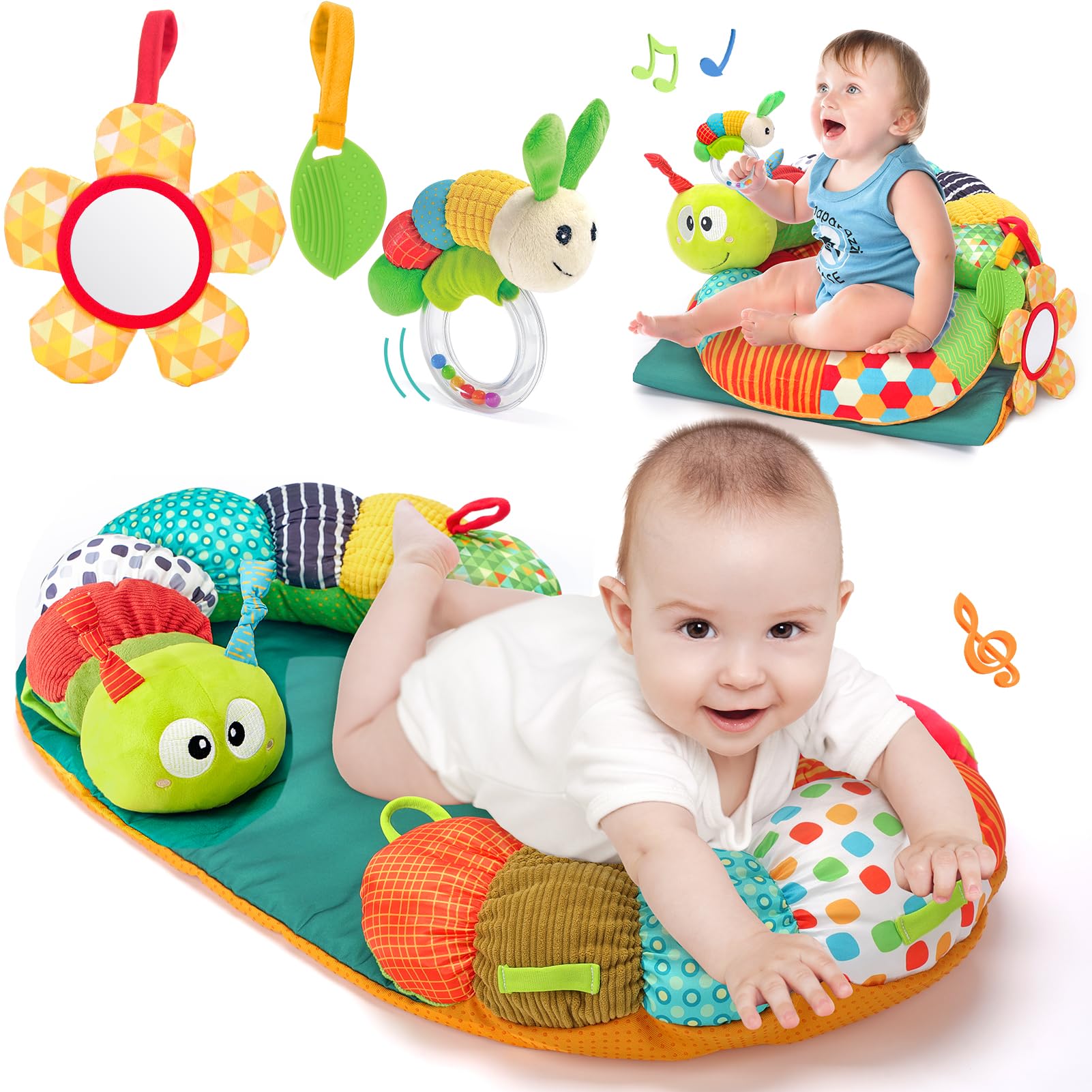 hahaland 4 in 1 Tummy Time & Supporto Seduto & Tappetino Bruco & Palestrina Neonato, Giochi Neonato per 0-6 Mesi con Specchio e Sonaglino, Giocattolo Sensoriale per Neonati, per Sviluppo Precoce