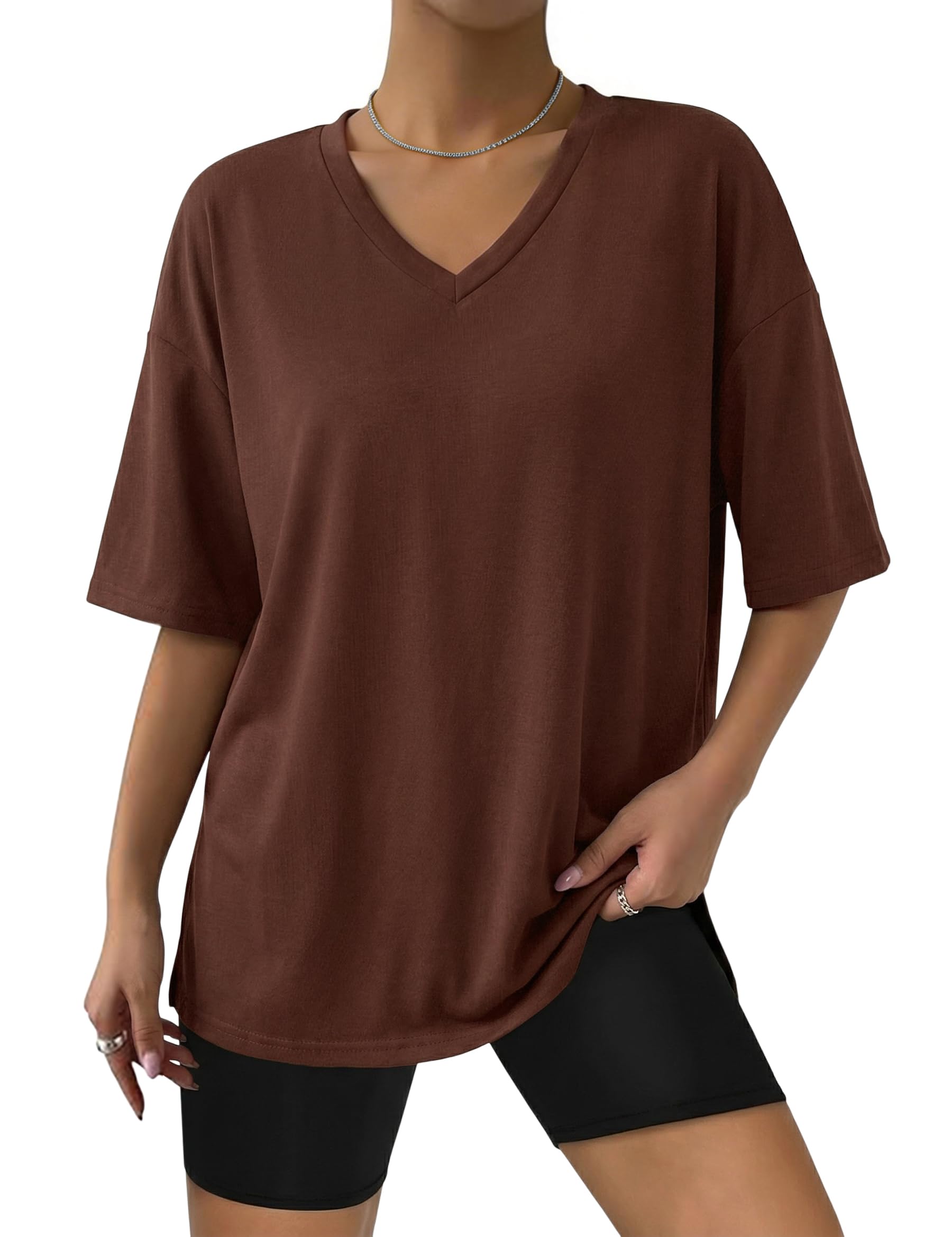 Demegimi Damen T-Shirt Sommer Oversized V-Ausschnitt Kurzarm Basic Tee Shirt Lockeres Top Damen Bequem für Alltag Freizeit und Büro