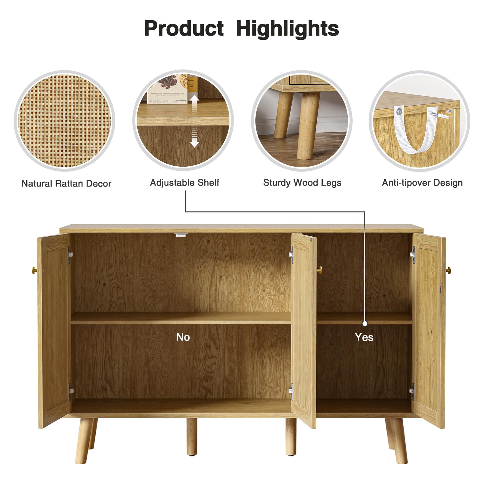 Credenza Cucina Rattan Mobile da Cucina con 3 Ante con Ripiano Regolabile