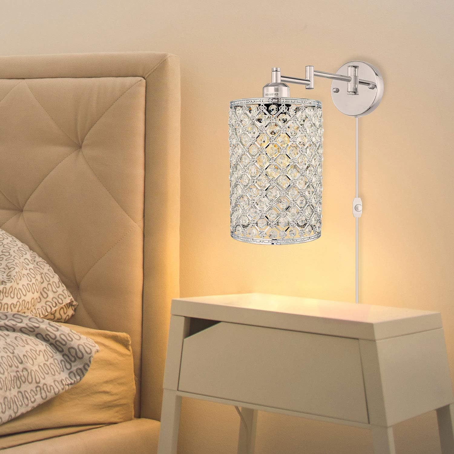 1-Light Wall Lamp Modern Style Metal Round lampshade Decorative Dimmable Crystal E26 Base Wall Lights Industrial Swing Arm Wall Sconce for Home Decor Plug-in Wall lamp 67.59 inch Cord