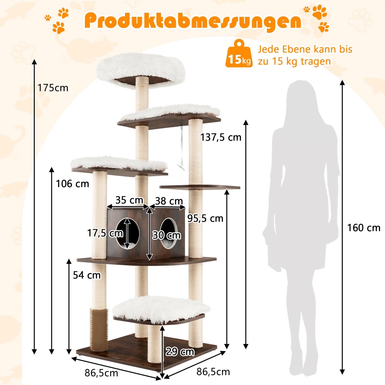 COSTWAY Drzewko do Drapania dla Kotów, 175 cm, 6-Stopniowy Drapak, Duży Domek do Zabawy z Jaskini i 5 Matami, Drzewo Aktywności, Meble, Drzewko do Wspinaczki