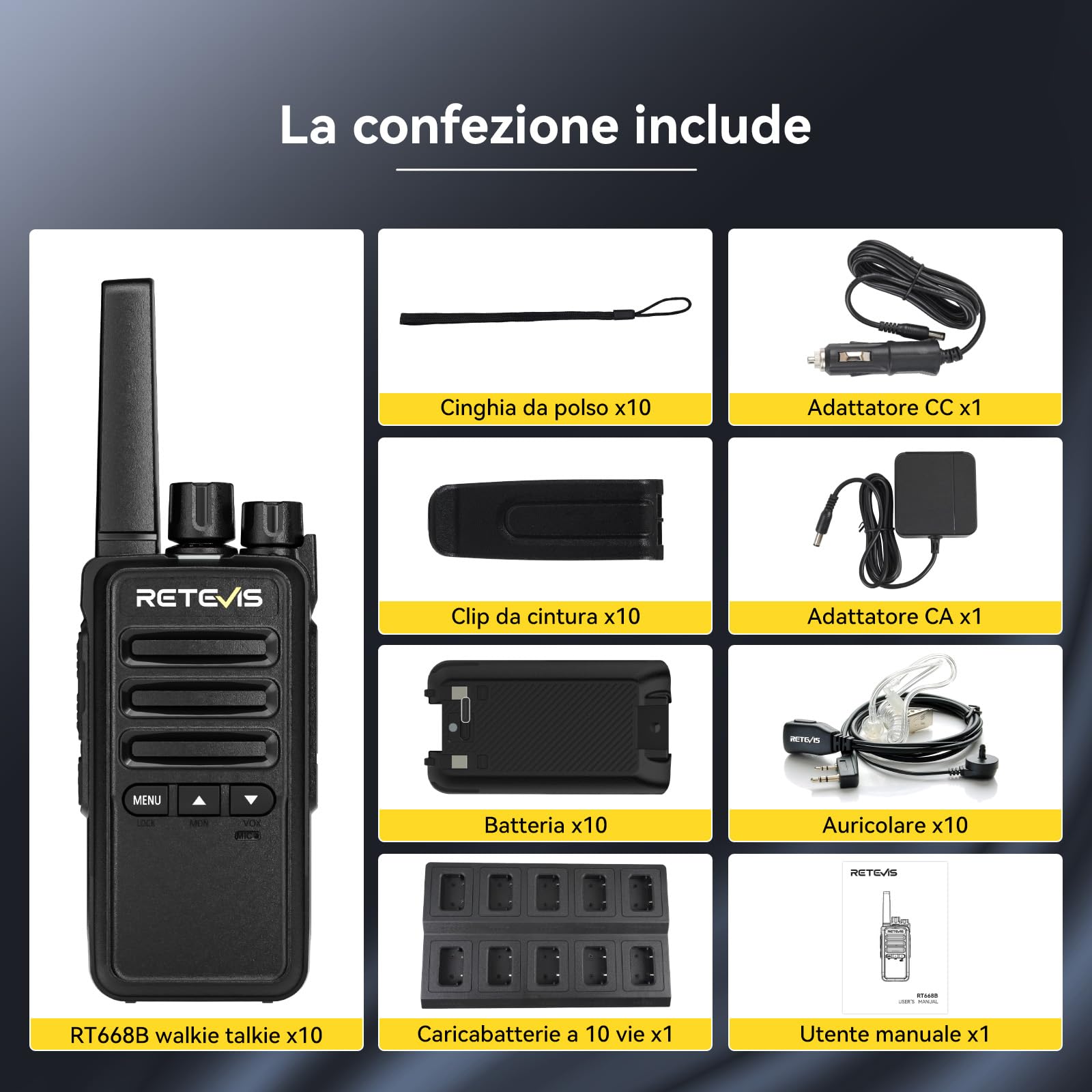 Retevis RT668B Walkie Talkie Professionali, PMR446 Walkie Talkies, USB-C, 16 Canali, Professionali Walkie-Talkie Ricaricabile per Sicurezza, Ristoranti(10 pezzi, con caricabatterie a 10 canali)