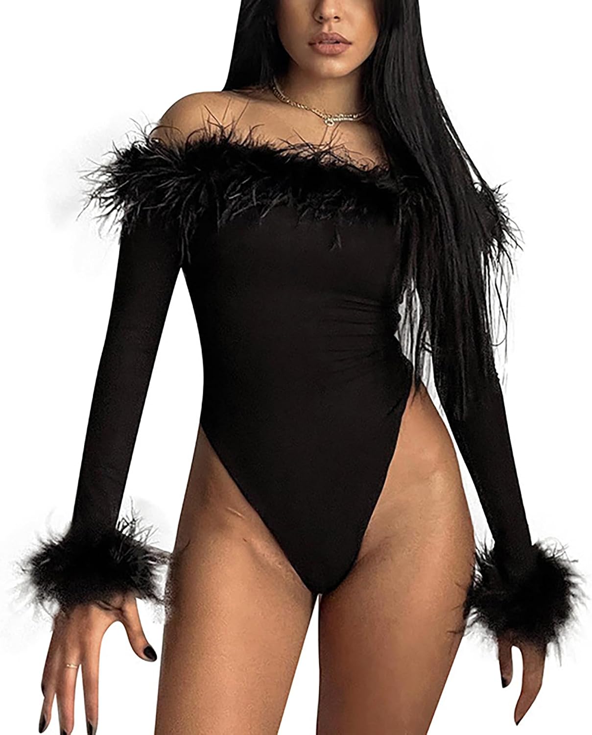 Black Bodysuit Women Shapewear Long Sleeve Off Shoulder Feather Trimmed Bodysuit Top Slim Fit