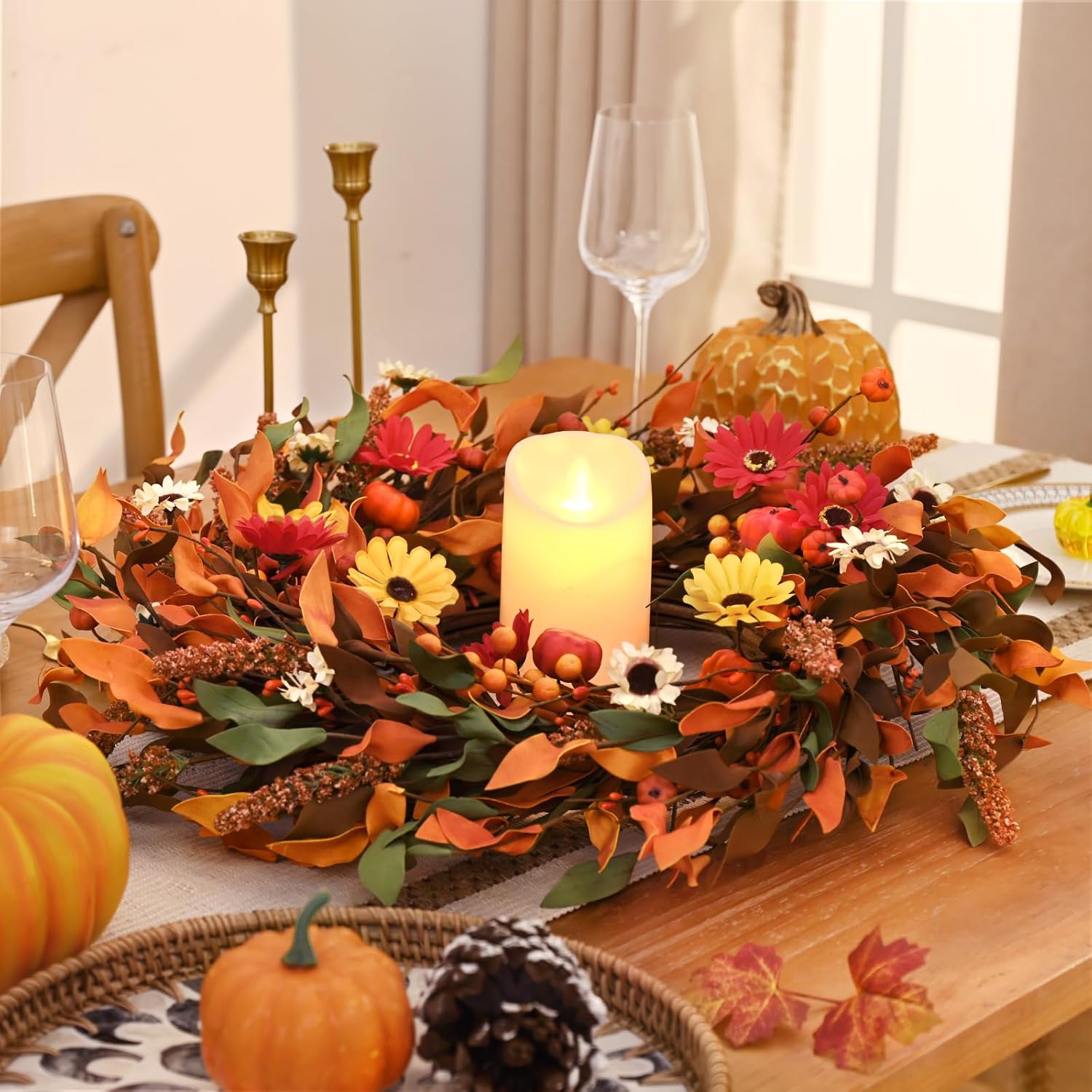 Waipfaru Fall Wreaths for Front Door, 22-24in Daisy Fall Door Wreath with Pumkin，Autumn Wreaths for Thanksgiving Harvest Fall Wreath for Porch Indoor Outdoor Decor,2Pcs