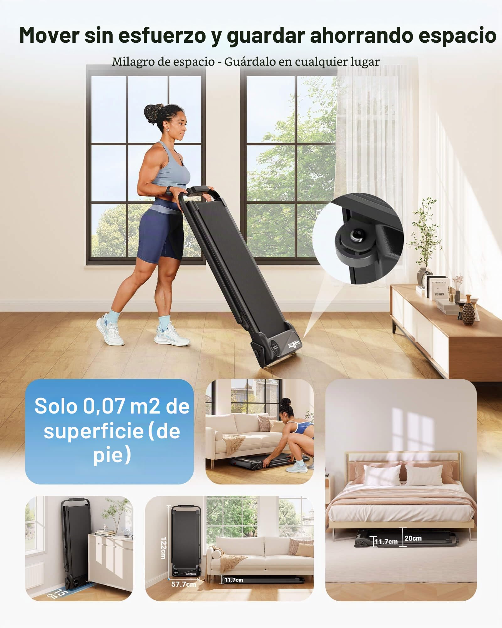 THERUN Cinta de Correr Plegable, Walking Pad Silencioso hasta 10 km/h, con Barra de Apoyo y Pantalla LED, Doble Amortiguación, Sin Montaje - para Escritorio, Hogar y Oficina