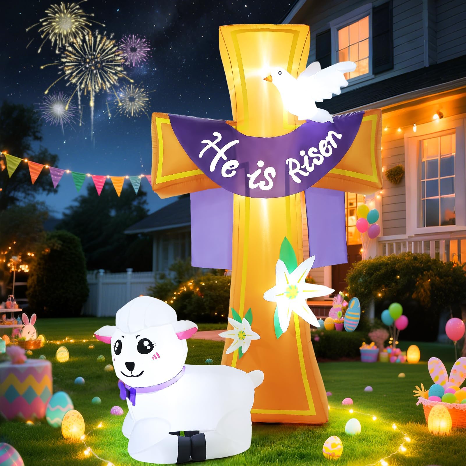 Easter Inflatables Outdoor Decorations, 8FT He is Risen Cross Inflatable with White Lamb, Lily & Peace Dove, Build in LED Lights Happy Easter Blow Up Yard Decor for Lawn Garden Church Spring Party