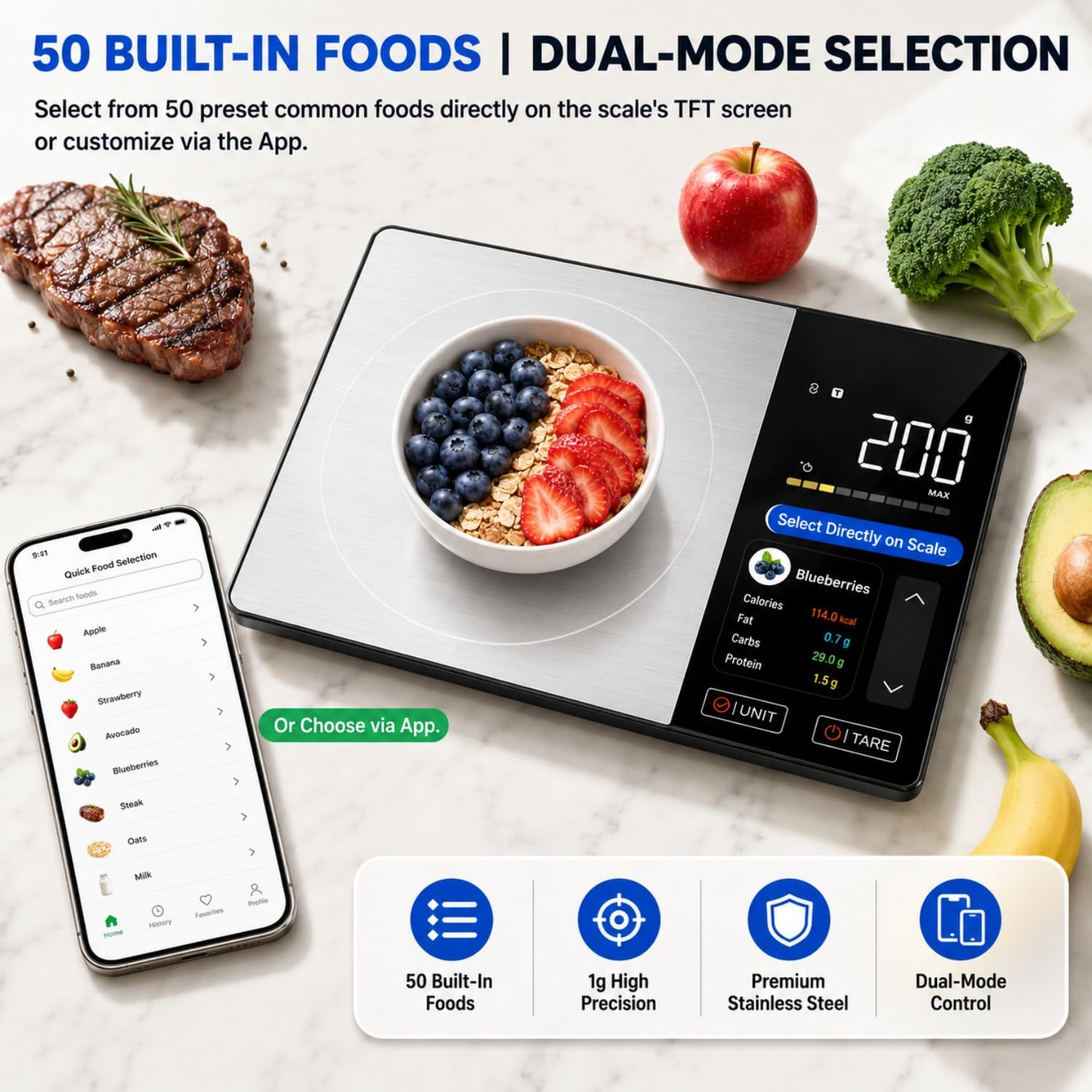 Smarte Ernährungswaage mit TFT-Display & App, Trackt Kalorien/Fett/Kohlenhydrate/Protein, 1g Präzision, 5kg/11lb, 50 Lebensmittel & 24 Nährstoffe, Digitale Küchenwaage für Meal Prep