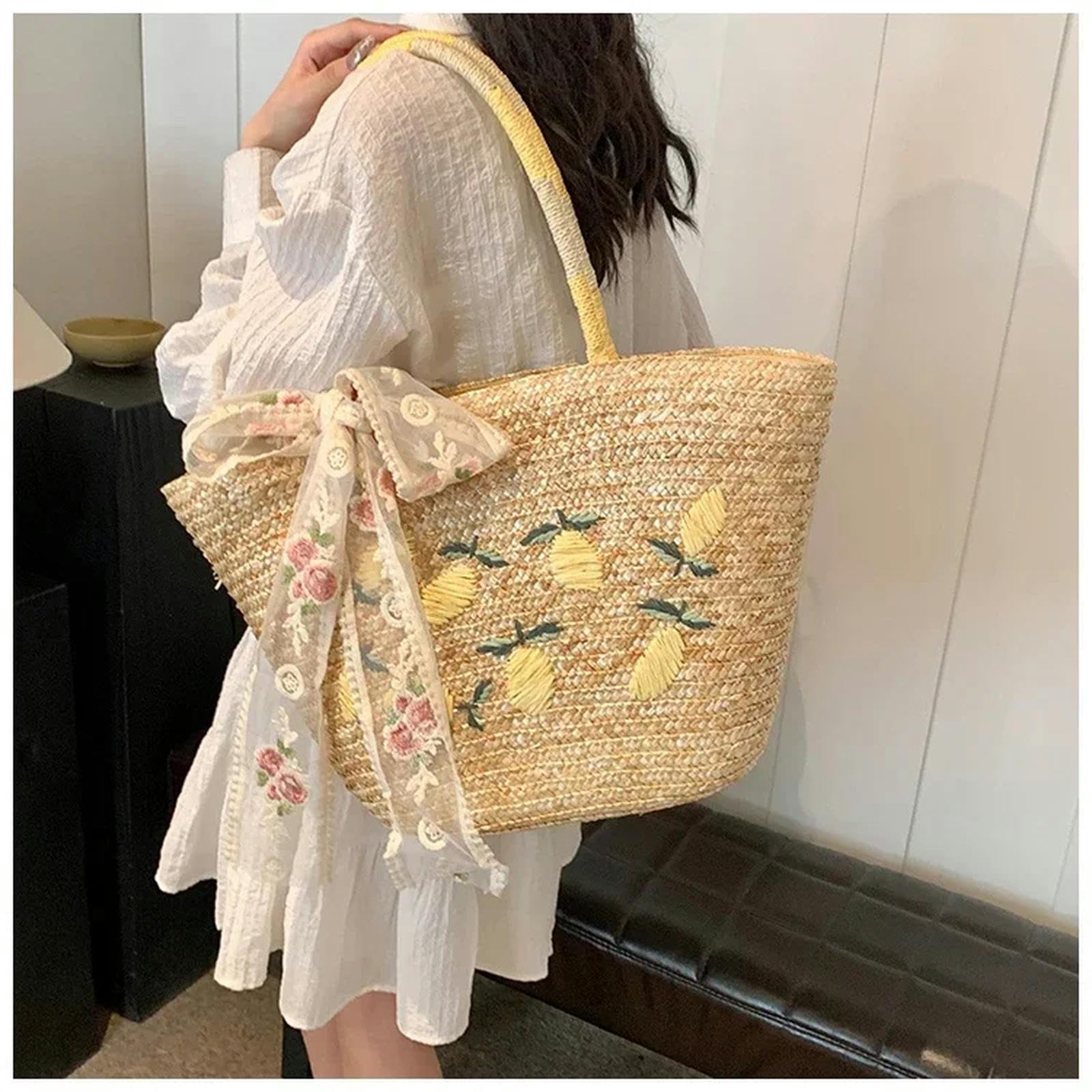 Borsa Paglia Sacca da Donna Estiva Grande Borsa Ricamata A Paglia con Borsetta da Donna in Prua in Pizzo-Beige