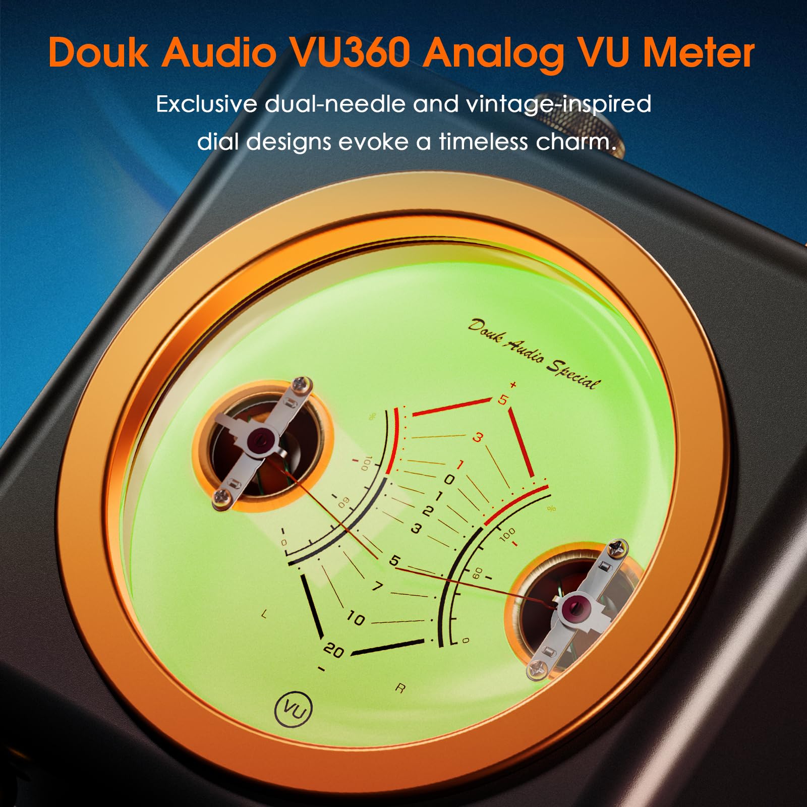 DoukAudio VU360 Retro Analog VU-Meter: mit Großem Display und Zwei Zeigern, Zwei Eingängen (Mikrofon/Line), Musikspektrumanalysator mit 7 Farbmodi, Musikliebhaber & Gamer (Yellow)