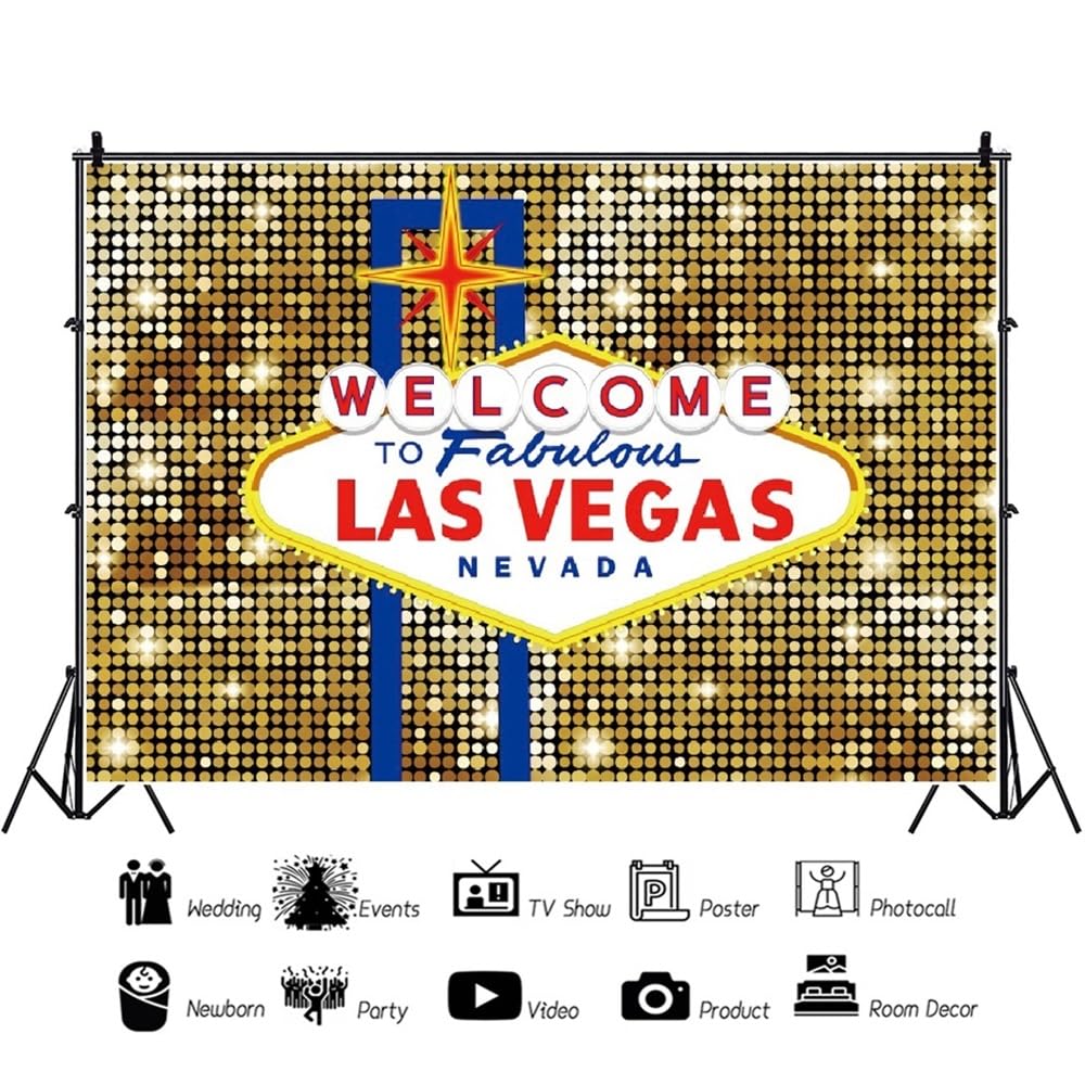 3x2,5m Las Vegas Telón de Fondo Lentejuelas de Oro Bienvenido a Las Vegas Fotografía de Fondo Fabuloso Casino Cumpleaños Fiesta de Lujo Telón de Fondo Retratos Foto Estudio Atrezzo