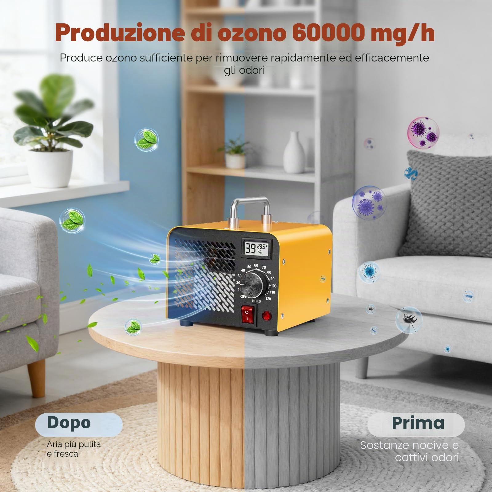 Generatore di ozono 60000 mg/h, purificatore d'aria con ozono per 320 m², con timer da 120 minuti e termoigrometro, ideale per eliminare odori come fumo, animali domestici, cucina (versione base)