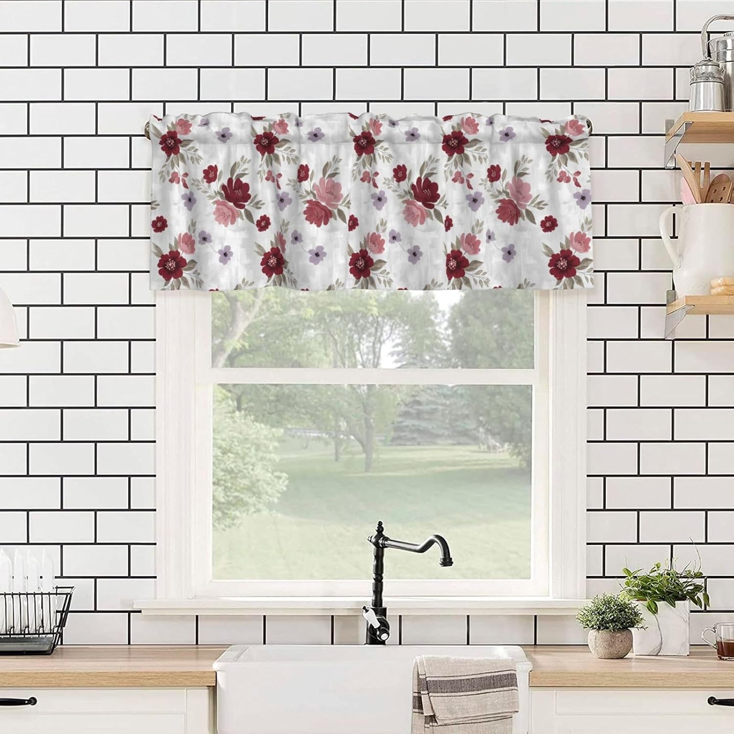 Valance for Windows Vintage Red Pink Purple Flower Short Curtains Rod Pocket Window Treatment for Kitchen Living Room Bedroom Bathroom Decor 1 Panel, 54x18in