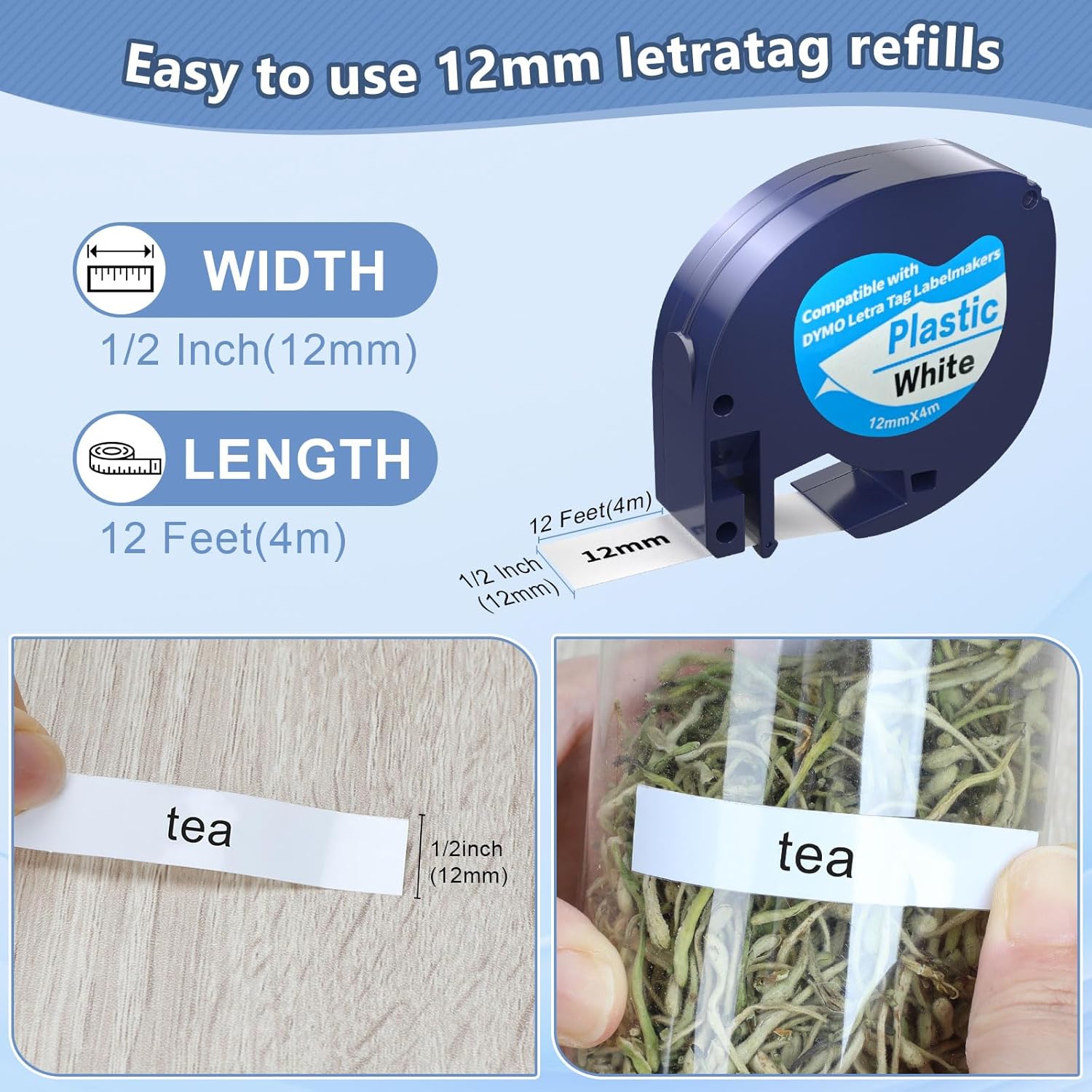 5 Pack Compatible with Dymo Letratag Refills 91201 91331 S0721660 Label Maker Tape White Plastic 12mm x 4m 1/2" x 13', Work with Dymo Letra Tag LT-100H LT-100T Plus 200B QX50 XR XM 2000 - Image 3