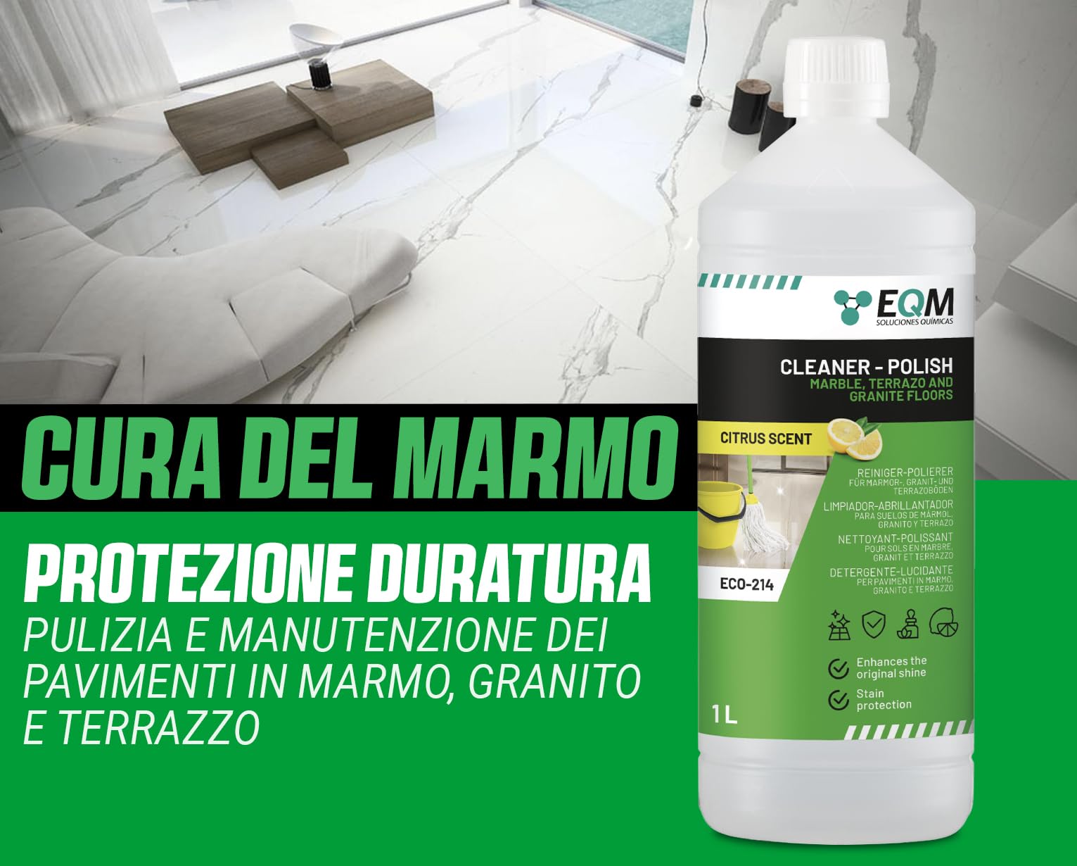 EQM - ECO-214 - Detergente Lucidante per Marmo, Granito e Pietra Naturale - 1L - Esalta il Colore Naturale e la Lucentezza