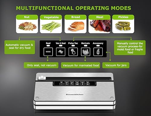 Miniatura 2 de Bonsenkitchen Máquina selladora al vacío, sellador de alimentos de acero inoxidable con 1 rollo y 5 bolsas, 5 modos de vacío de alimentos, cortador