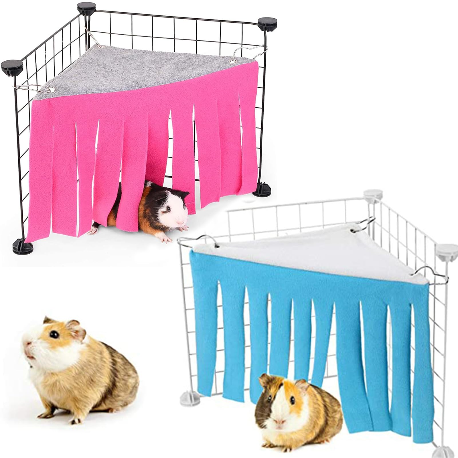 ToqoGeri 2 Pack Cute Guinea Pig Hideout & Hammock Set - Adorable Guinea Pig Hides & Play Den | Cozy Hideaway Corner Bed for Hamsters, Rabbits & Small Animals, Easy Install Guinea Pig House Pink+Blue