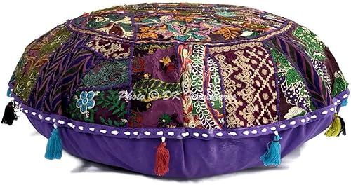 Funda de almohada tradicional india de 22 pulgadas, color morado, puf otomano, decoración del hogar, bordada, vintage, algodón, cojines redondos