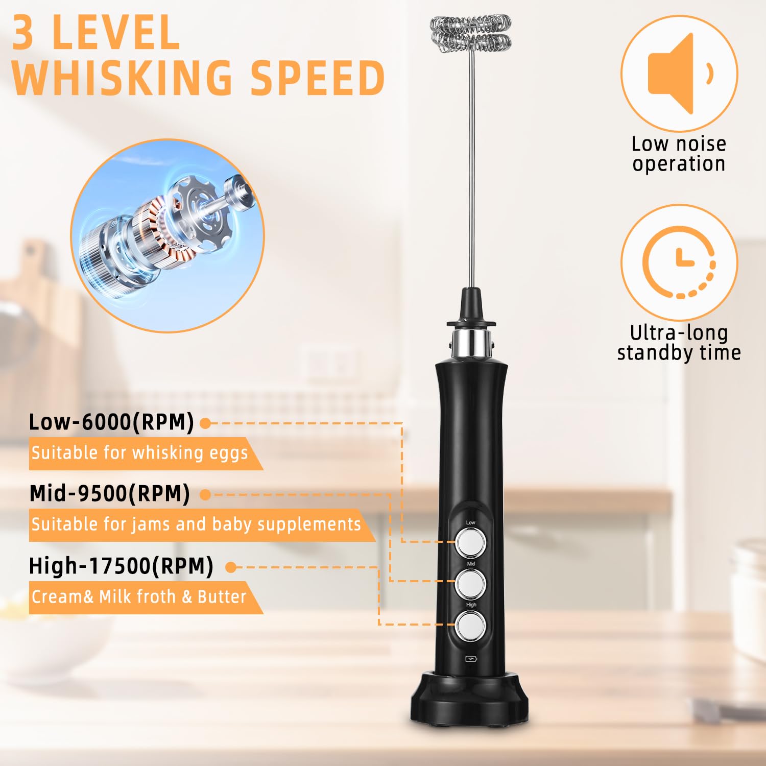Montalatte Elettrico USB, frullino montalatte con 3 frullino in acciaio inox,3 velocità regolabili,Potente Schiumalatte Elettrico per Caffè, Latte, Cappuccino, Matcha