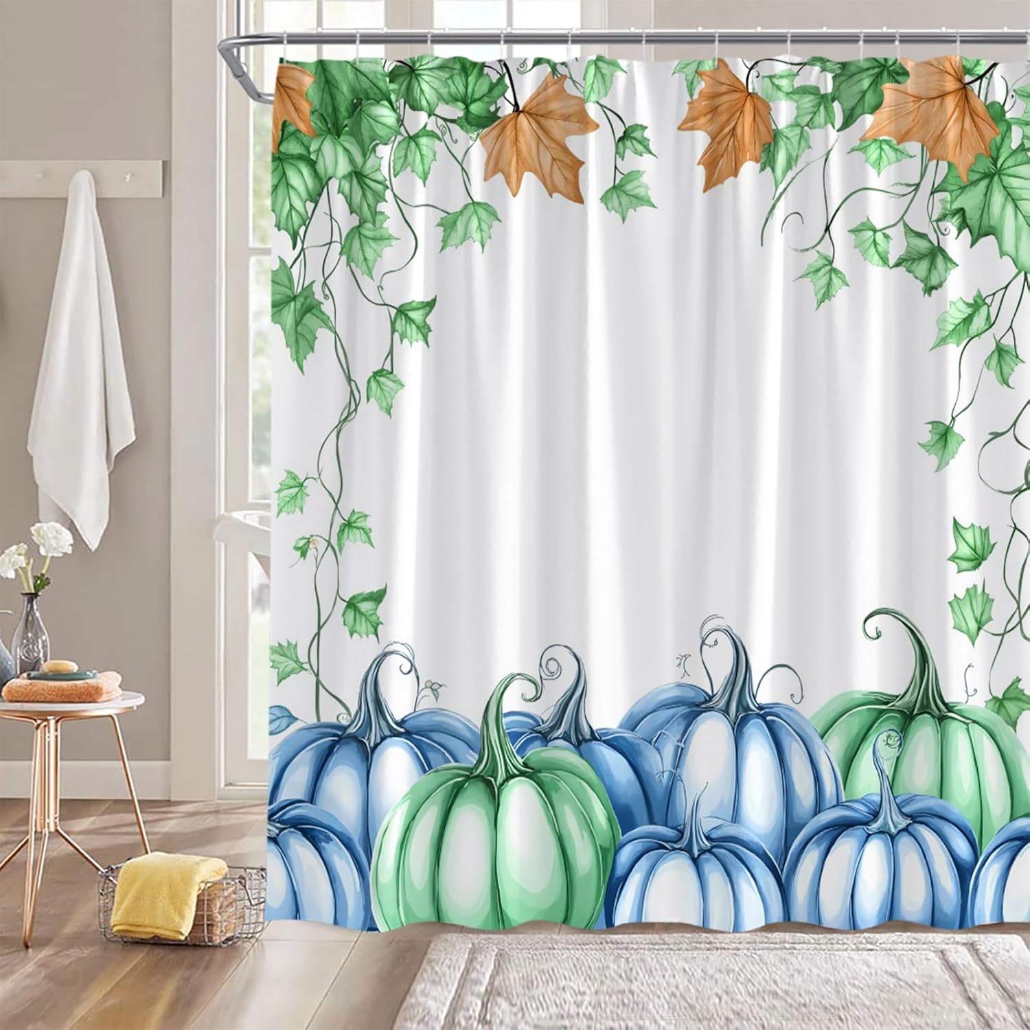Fall Pumpkins Shower Curtain Watercolor Blue Green Pumpkins Maple Leaves Thanksgiving Harvest Fabric Bathroom Decor Sets with Hooks,71W x96H