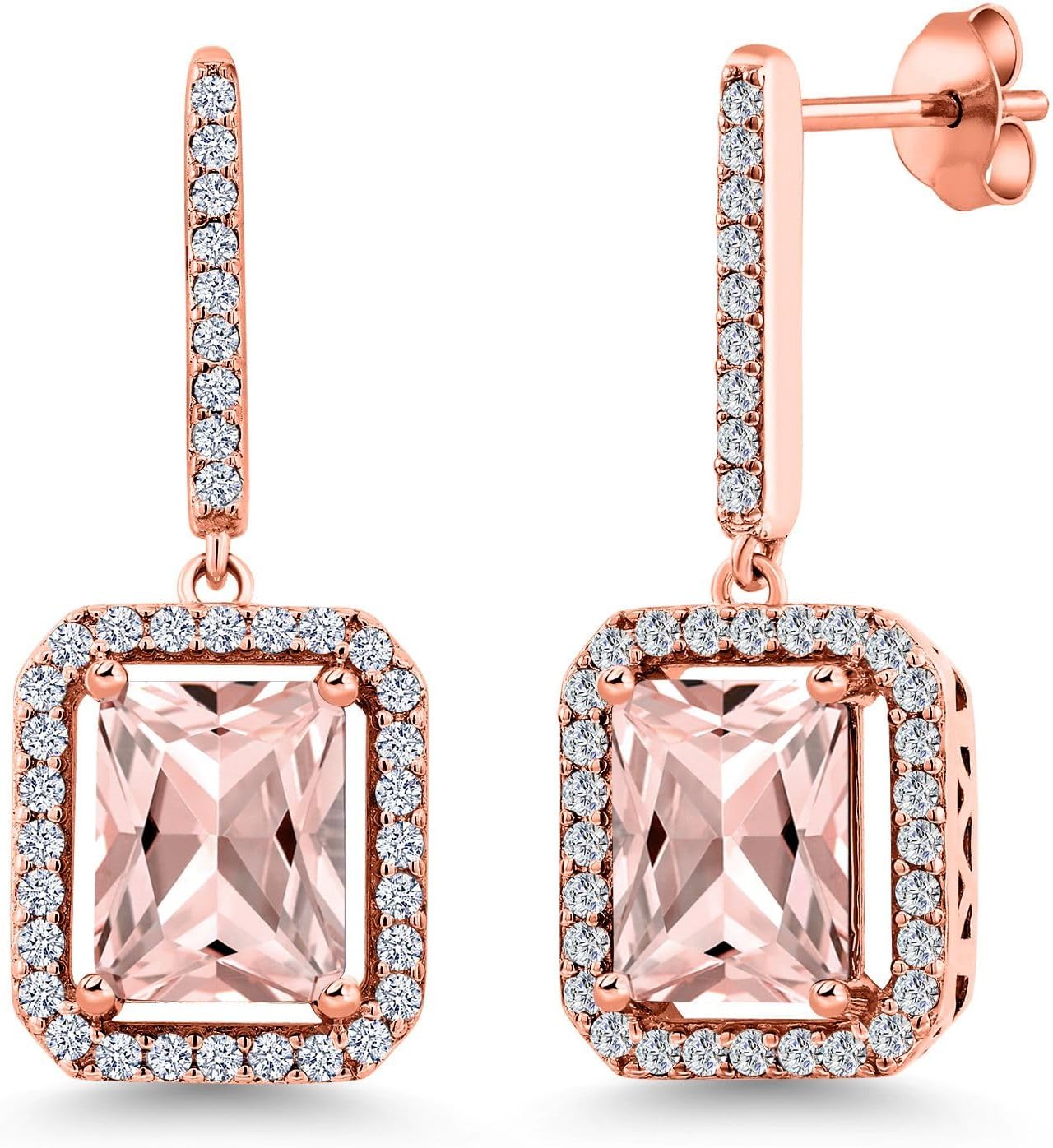 Gem Stone King 4.96 Ct Emerald Cut Peach Simulated Morganite 18K Rose Gold Plated Silver Earrings