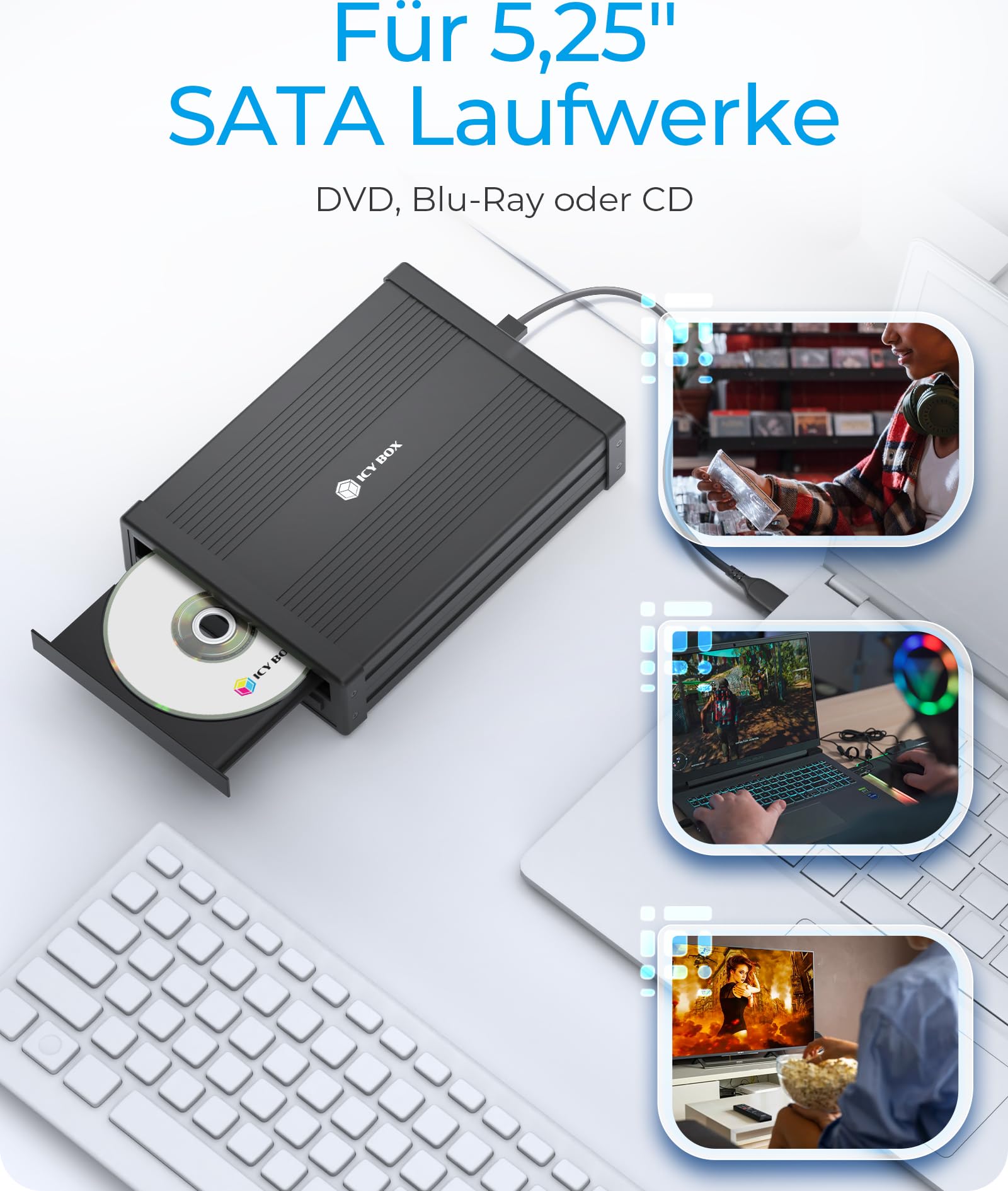 Icy Box Contenitore Esterno da 5,25 Pollici per unità Blu-Ray e Dvd, USB 3.0, Contenitore Esterno per masterizzatore Dvd, Contenitore per masterizzatore Blu-Ray, Alluminio, Nero, IB-525-U3
