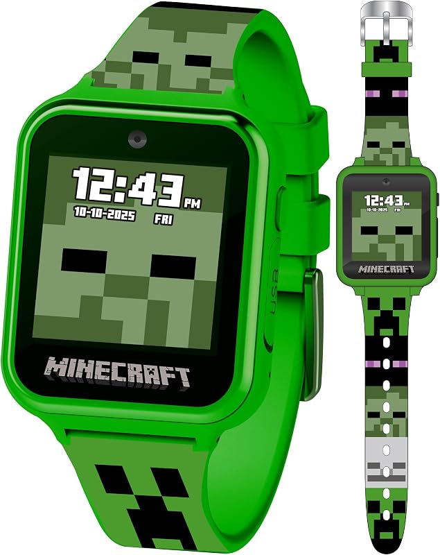 Minecraft Kids Smartwatch - Reloj interactivo con pantalla LED con 10 esferas de reloj personalizadas, juegos, cámara, alarma, rastreador de pasos y más - Regalo tecnológico divertido para niños y niñas - Se adapta a muñecas de 5,5" a 8,0"