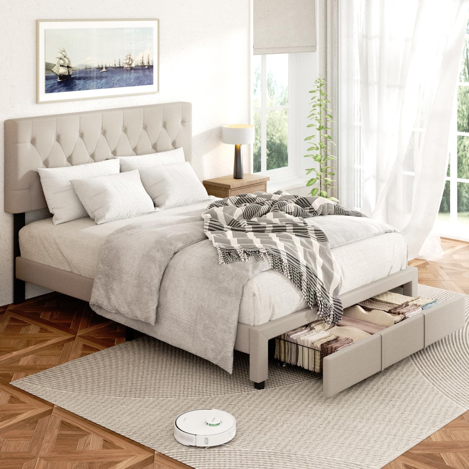 Full Size Bed Frame with Storage, Full Bed Frame with Headboard Adjustable, Upholstered Platform Bed Frame with Drawers, Mattress Foundation with Wooden Slats Support, No Box Spring Needed, Beige