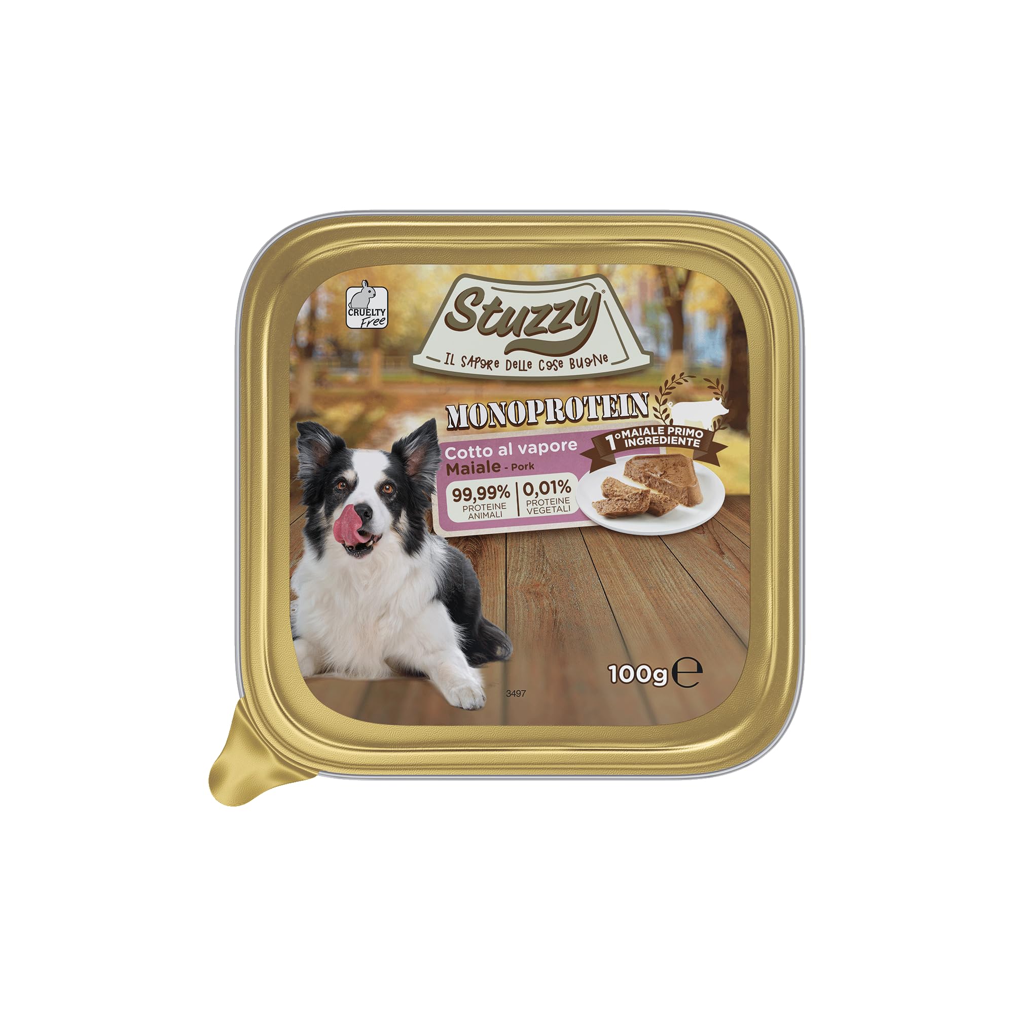 Stuzzy Monoproteine, Nourriture Humide pour Chiens avec goût Porc, 99,9% de protéines animales, 0,01% de protéines végétales, cuit à la Vapeur, Alimentation complète pour Chiens, 16 x 100 g