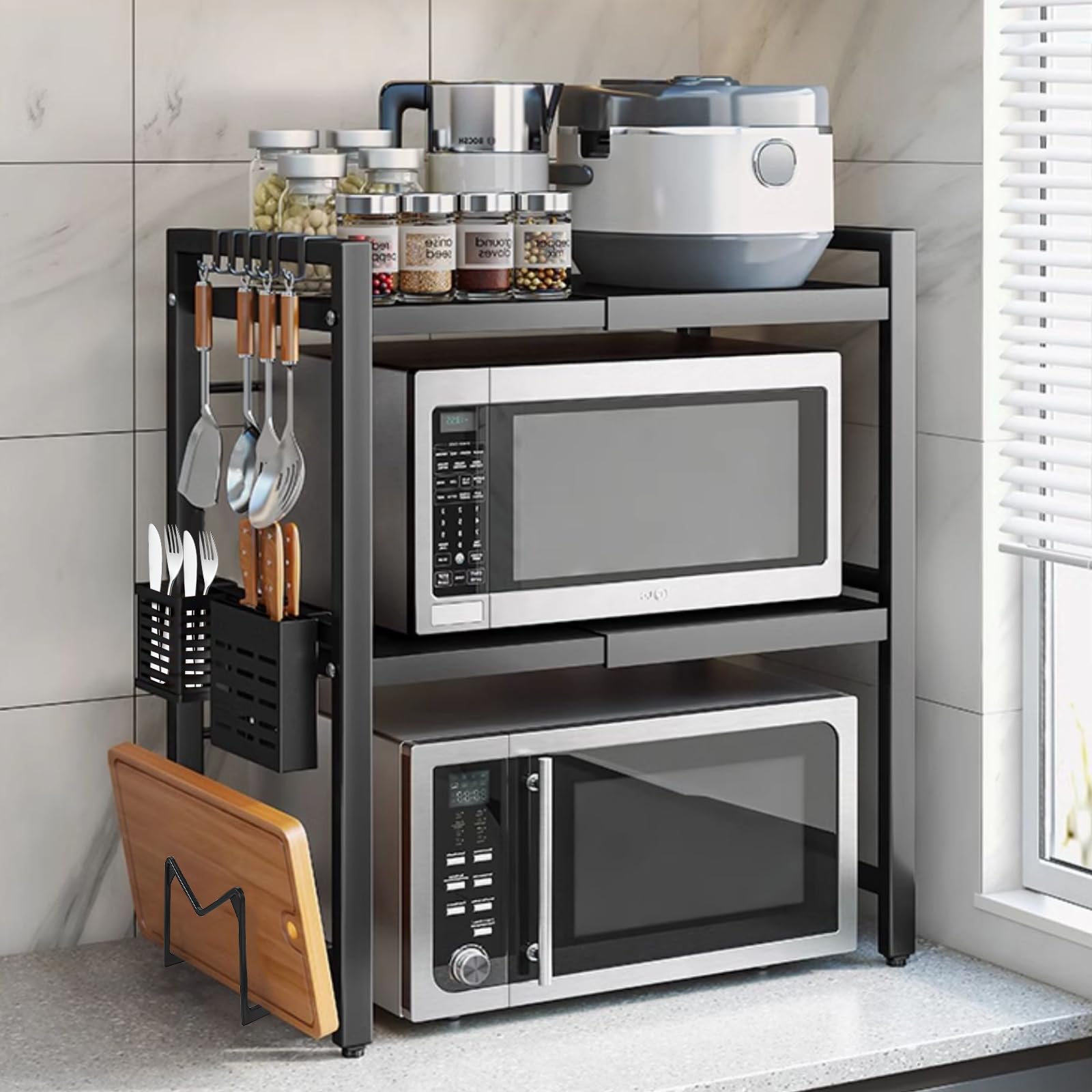 Verstellbares Mikrowellenregal, 3-Stufig Erweiterbares Küchen Mikrowelle Ständer Regal, Mikrowellenhalter aus Kohlenstoffstahl, Küchenaufbewahrung Organizer mit 6 Haken, Schwarz