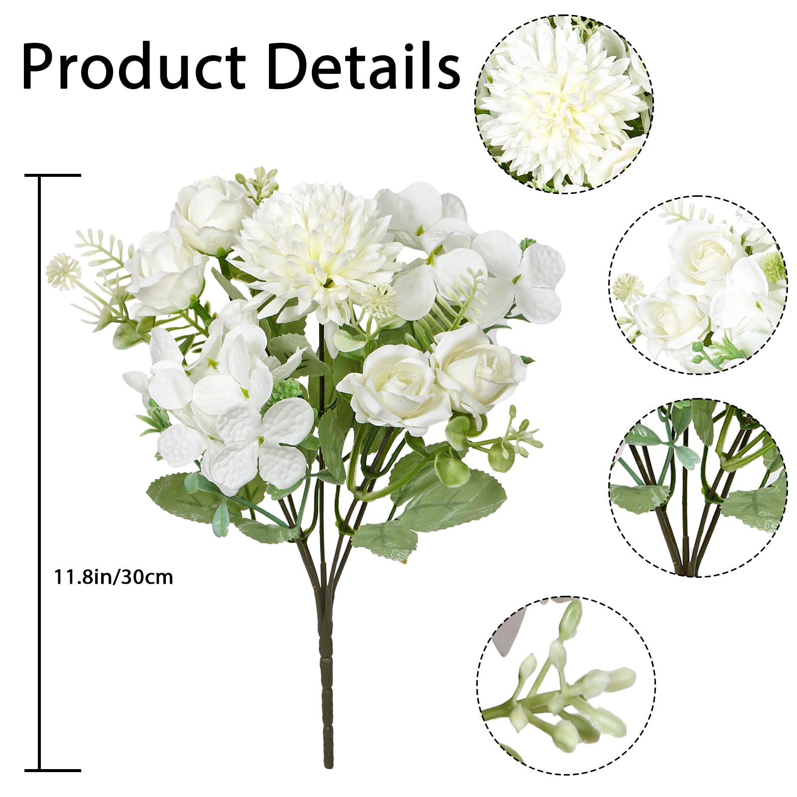 DEMIUKO 2 Bunches Artificial Flowers White Hydrangea Fake Roses Flowers Bouquet 12in Faux Silk Flowers Arrangement Indoor Floral Plants for Wedding Party Table Centerpieces Spring Home Vase Decor - Image 2