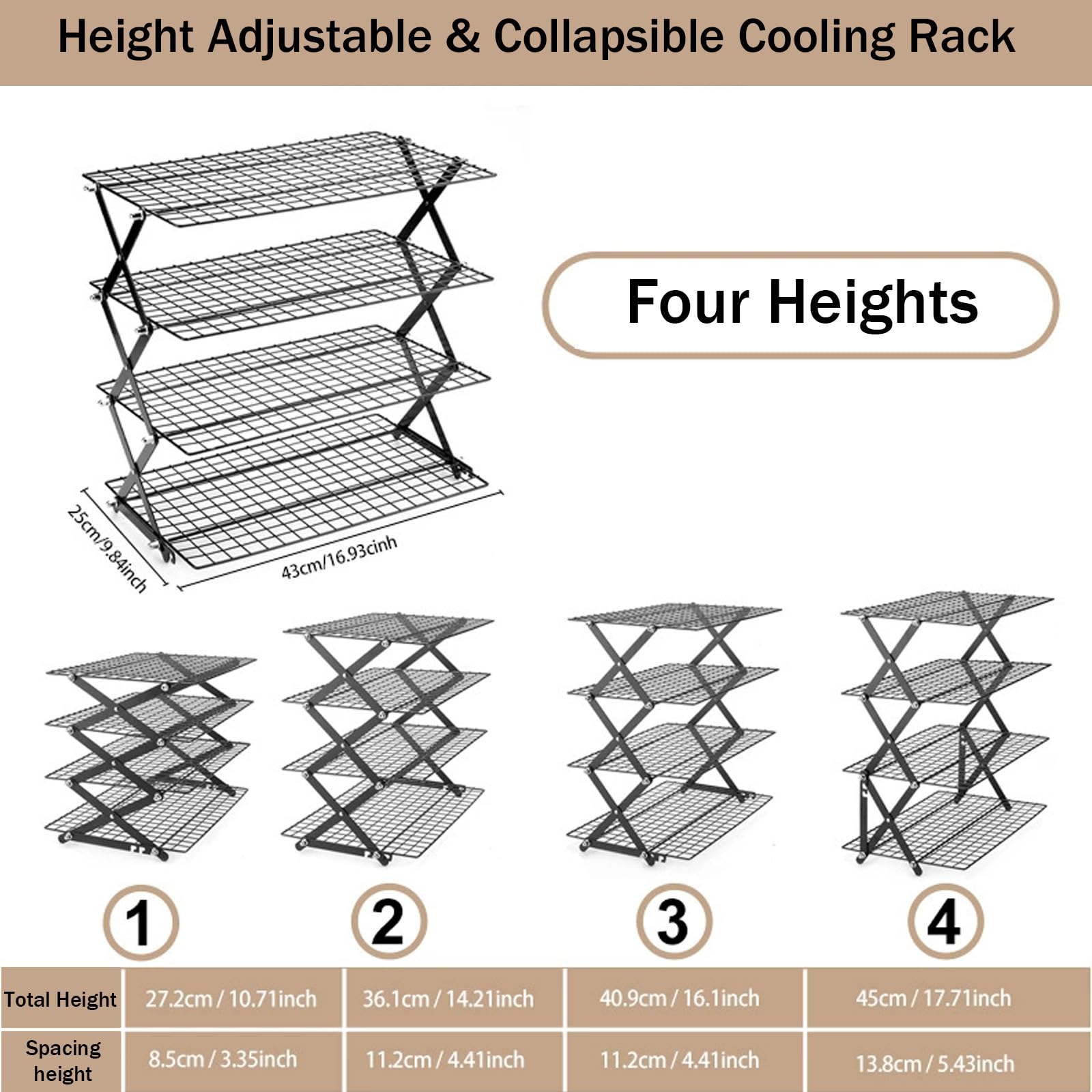 Grille de Refroidissement Pâtisserie 4 Niveaux Pliable, Hauteur Réglable, Four et Lave-Vaisselle Safe