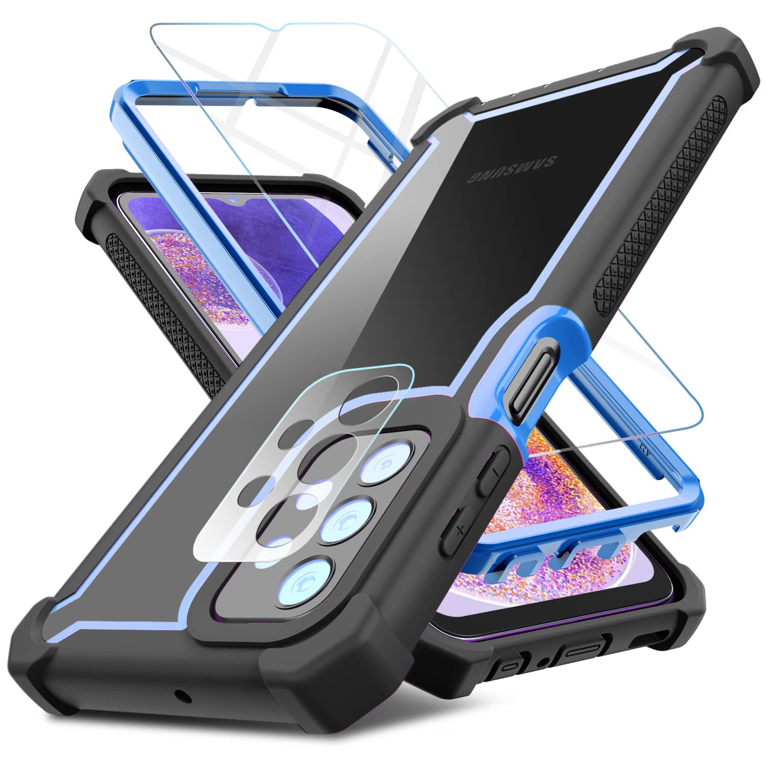 KSELF Case for Samsung Galaxy A23 5G / 4G Case with 9H Tempered Glass Screen Protector and Lens Glass, Full Body Protective Hybrid Dual Layer Shockproof Cover Case for Samsung A23 5G (Blue)