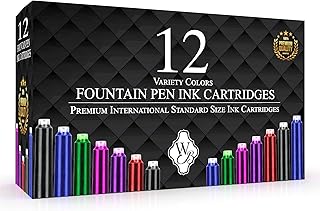 Wordsworth & Black 12 Pack Fountain Pen Ink Refills - Set of 12 Assorted Colors Ink Cartridges - International Standard Size - Length APPR 1.5" - Base Diameter APPR 0.24" - Disposable and Generic