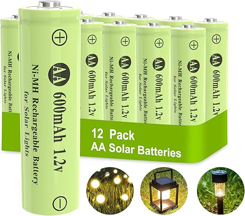 AA Ni-MH - Baterías recargables de 600 mAh 1.2 V, pilas solares AA para luces solares al aire libre, luces de jardín, cadena de luces (paquete de 12