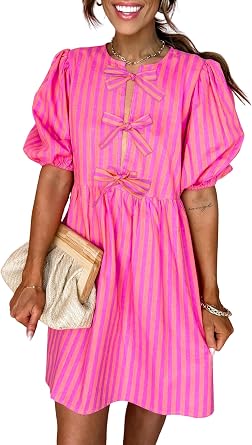Ecosunny Womens Summer Dresses Casual Short Puff Sleeve Striped Print Bow Detail Mini Dress Beach Dress Vacation Sundress