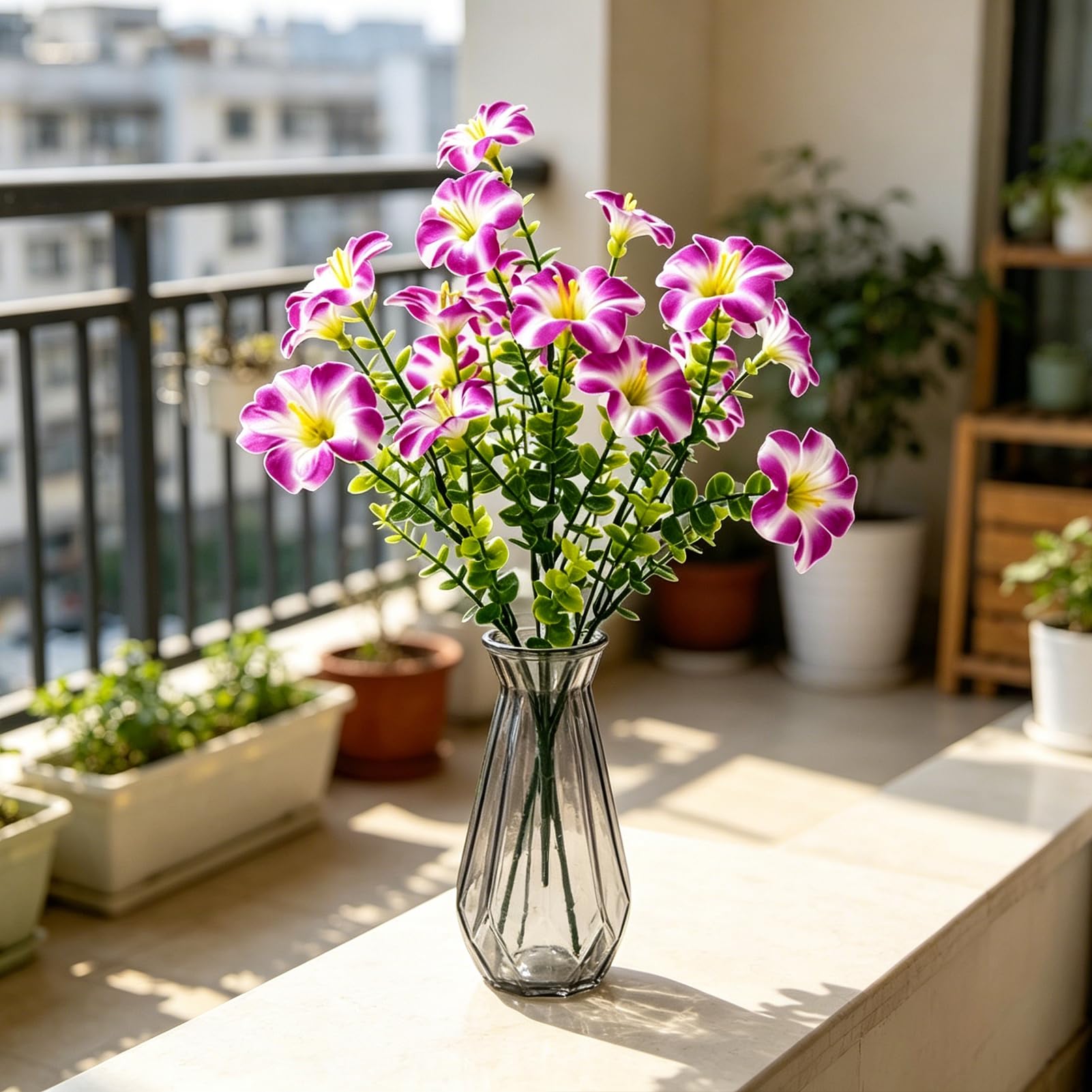 Quoravel 7 Stems UV Resistant Artificial Morning Glory, Realistic Faux Silk Flowers for Outdoors, Fake Plants for Porch Patio Balcony Planter Yard Rose Red