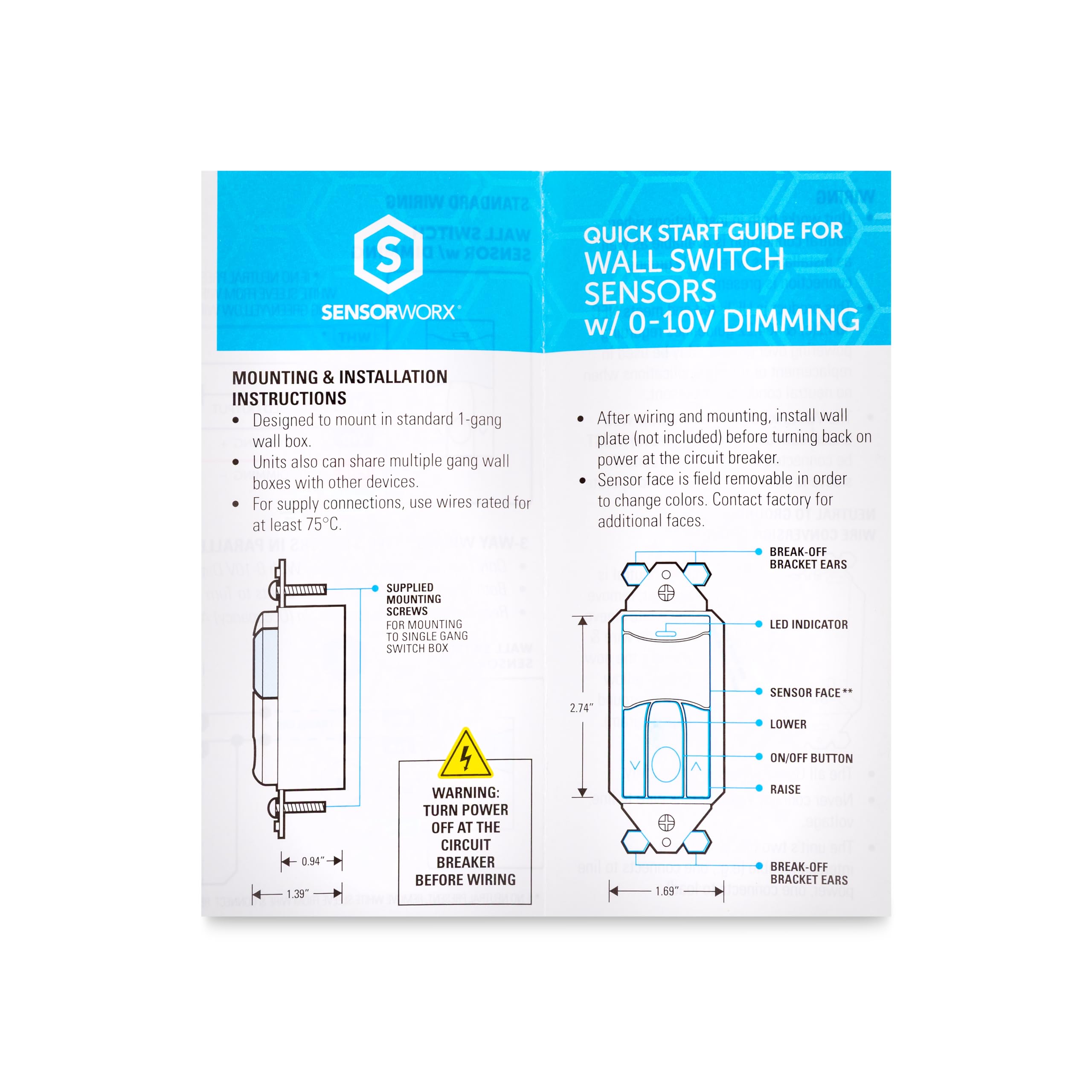 Détecteur de mouvement d'occupation avec variateur d'intensité 0-10 V, SWX-103-D-WH, détection PIR, mode manuel (mode vacance), 120/277 V, 800 W/1200 W, 1 pôle, pas de neutre nécessaire
