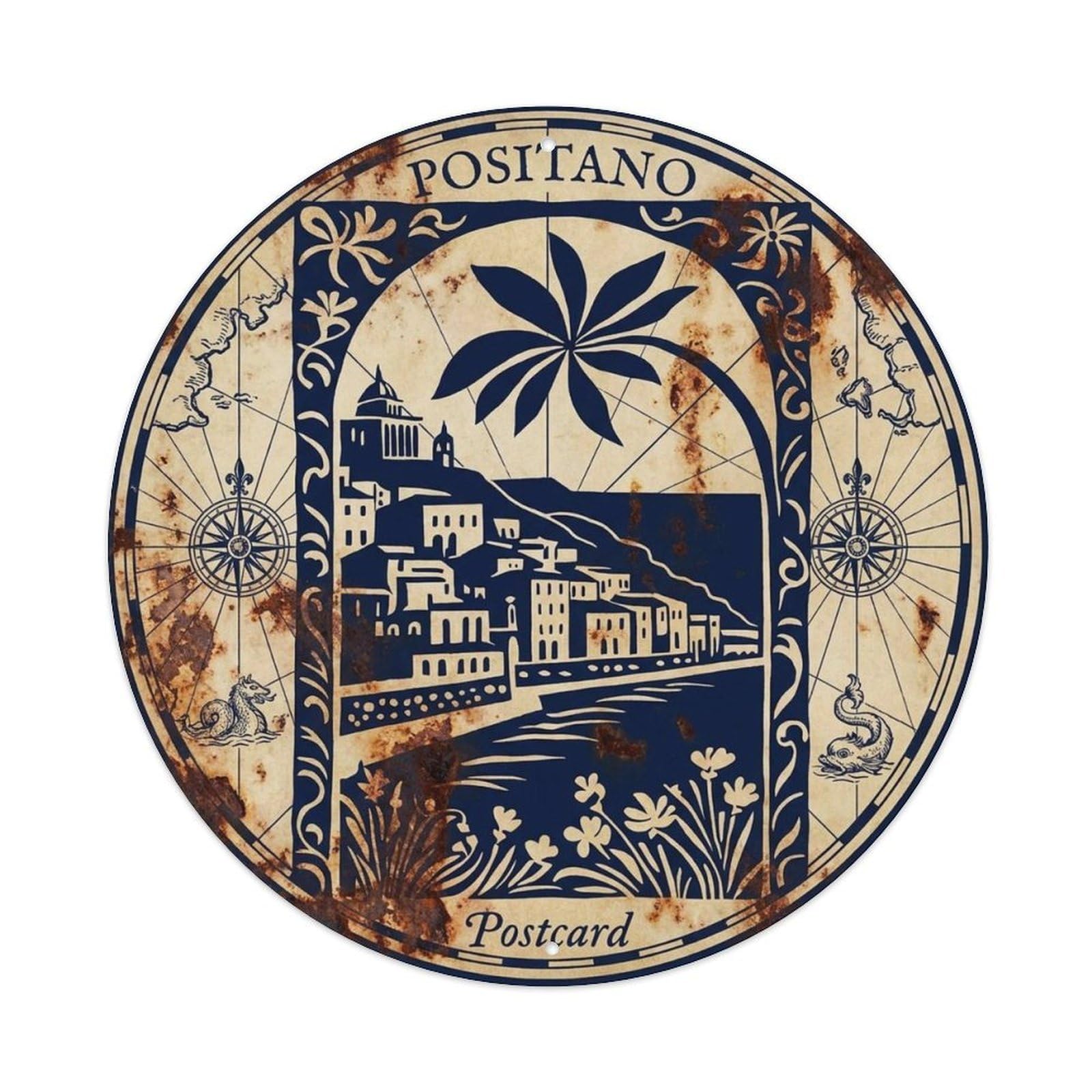 Travel Badge Campania Coast Positano Mediterranean Metal Tin Sign Plaque Wall Decor for Cafe, Man Cave, Club Bar, Office, Home Garden Round Metal Poster 8x8Inch